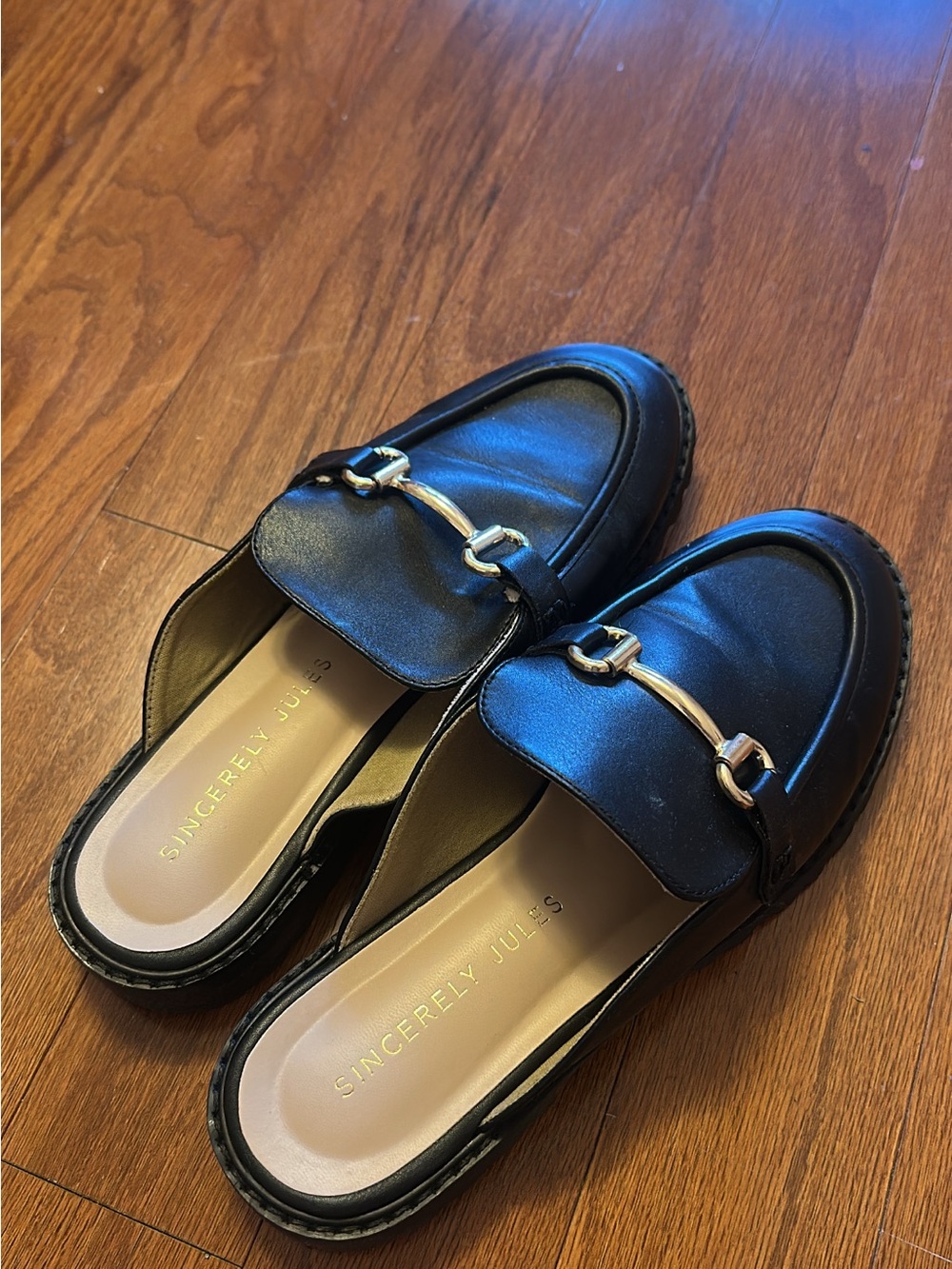 Sincerly Jules Black Leather Slip-On Mules with Gold Horsebit